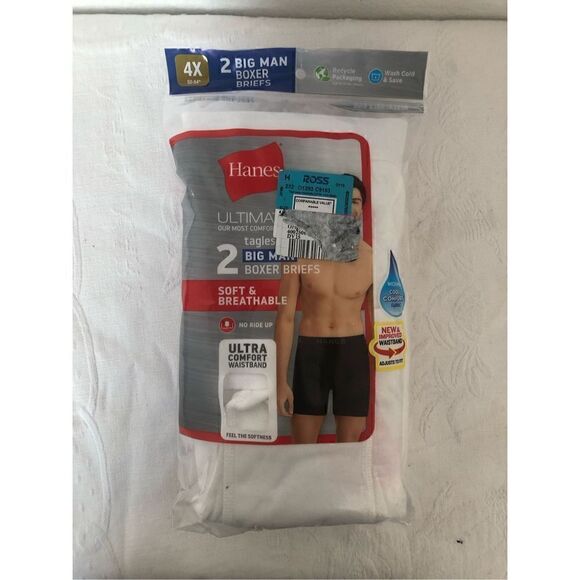 Brand New Hanes Tagless No Ride Up 2-Pack Big Boxer Brief Underwear White 4X - Picture 2 of 5